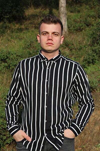 BAŞKONT Slim Fit Siyah Beyaz İnce Çizgili %100 Pamuk Kumaş Düğmeli Yaka Erkek...
