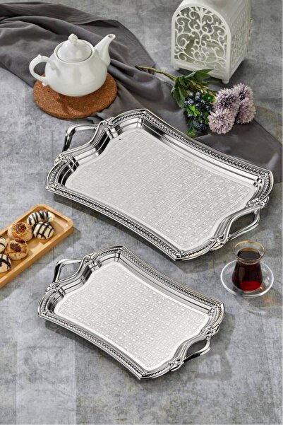 Frapan Home 2-Piece Metal Rectangular Silver Presentation Tray 49X30 cm and 3...