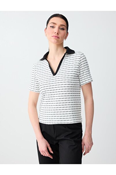 Jimmy Key Off-White Line Patterned Polo Neck Knitted Blouse
