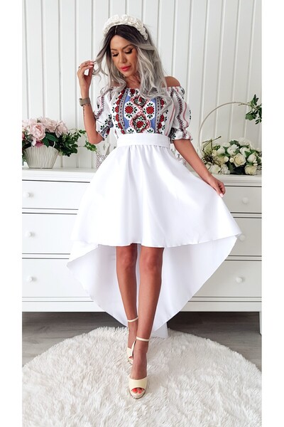 Voguesta Asymmetrical Dress with Traditional Motifs Sandy White