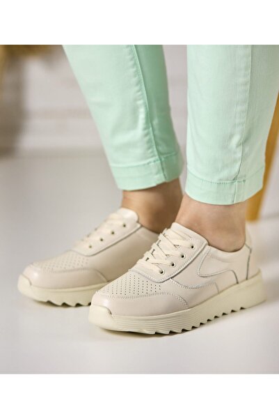 Tellus Women's Beige Genuine Leather Casual Sneakers, Trendy & Comfort, FL963-3