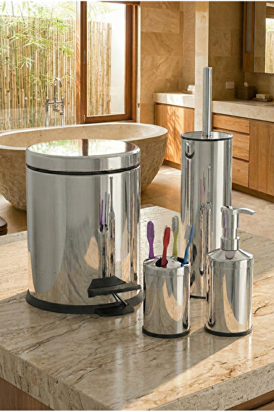 Bürke 4-Piece Bathroom Set Chrome 3 Liter Trash Can Wc Brush Liquid Soap Disp...
