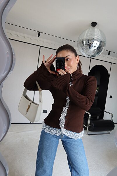 Özge Özgenç Mock Neck Lace Detailed Design Cardigan