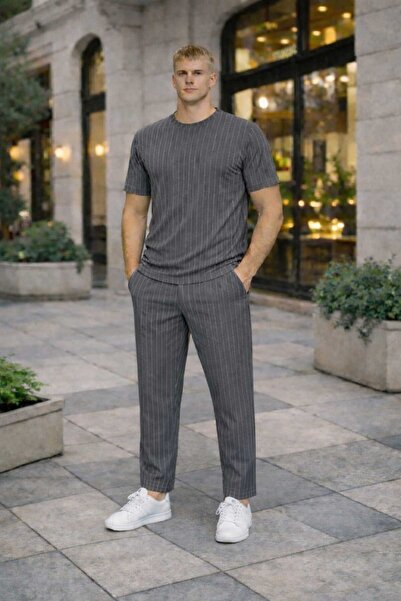 BRLKN Men's Stripe Detailed Crew Neck Crepe T-Shirt Tracksuit Set