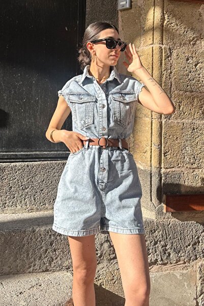 LEVURE Zımba Detay İşleme Kot Tulum - Açık Mavi AÇIK MAVİ