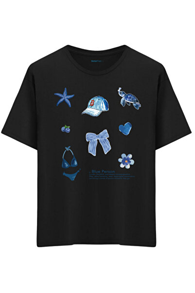 BetterThanCo Blue Person Printed Crew Neck Oversized T-Shirt