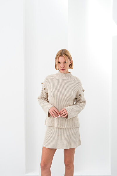 Sea Style Women's Beige Button Detailed Knitwear Sweater & Mini Skirt Set – H...
