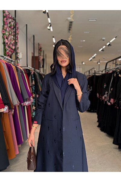 dar laha abaya D900 Abaya - Blazer with Embroidered Linen Fabric - Navy