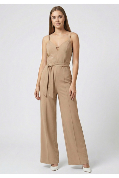 Little Visqon Kadın İnce Askılı V Yaka Kuşaklı Göğüs Dekolte Detaylı Geniş Pa...