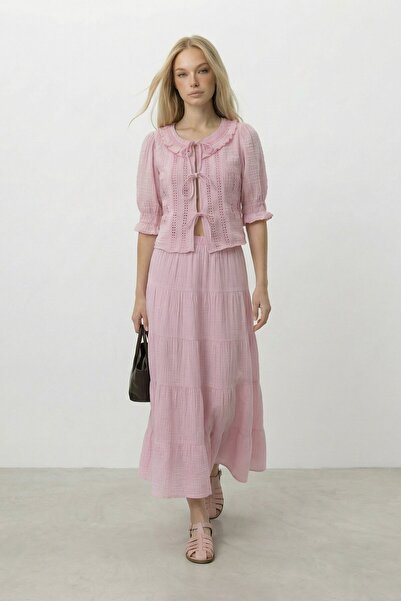 VAGGON Tie-Detail Blouse and Elastic Midi Skirt Set