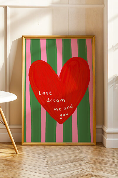 ArtDropsco Çizgili Kırmızı Kalp Poster Romantik Duvar Dekoru Çerçevesiz