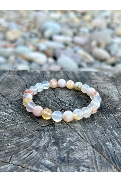 Zodyak Doğal Taş 8 mm Flower Agate Stone Men's Women's Natural Stone Bracelet...