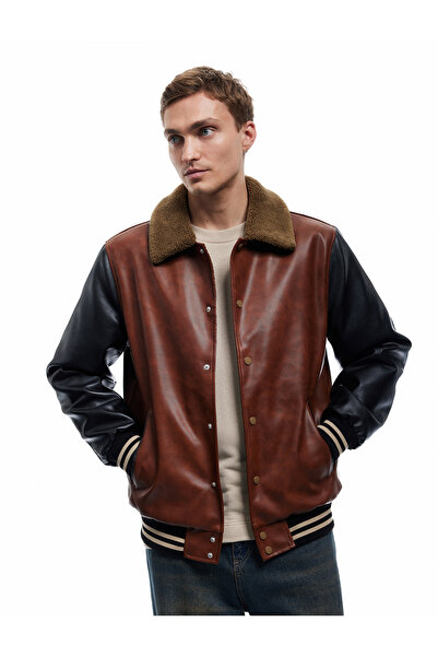 Koton Plush Collar Color Block Snap Buttons Pocket Detail Faux Leather Bomber...
