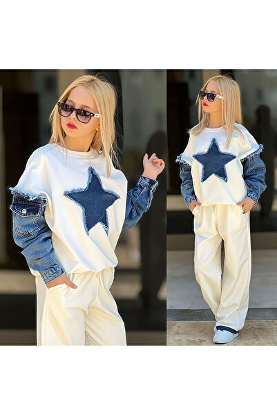 EFSACE KIZ ÇOCUK NEW MODEL YILDIZ DETAYLI KOT GARNİLİ 5/14 YAS ARASI 2'Lİ KOMBİN