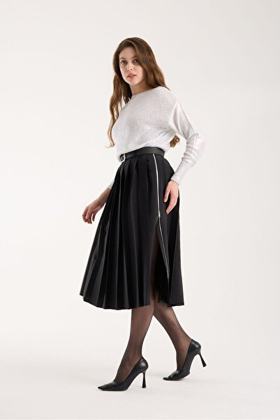 sumoda Kadın Yüksek Bel Piliseli Yandan Fermuarlı Kemerli Etek