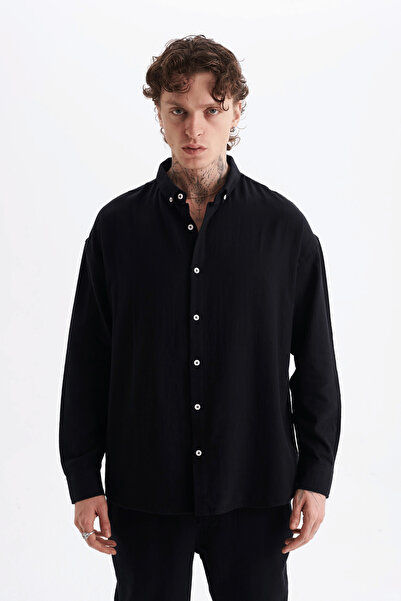 Danger طقم قميص وبنطلون رجالي 100% قطن كتان Look باللون الأسود