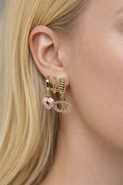 MatmazelLavinya Pink Enamel Charmlı Steel Gold Earrings