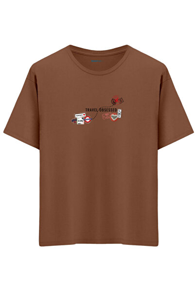 BetterThanCo Ταξιδιωτικά Εθισμένος με τύπωμα Bisiklet Yaka oversized T-shirt