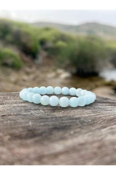 Zodyak Doğal Taş 8 mm Aquamarine Stone Men's Women's Natural Stone Bracelet A...