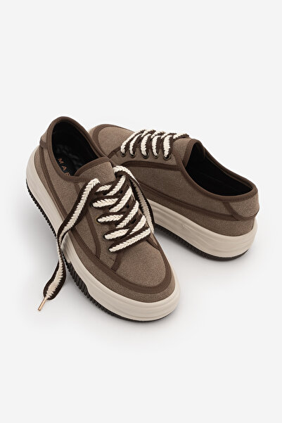 Marjin Kadın Sneaker Yüksek Taban Bağcıklı Bez Spor Ayakkabı Kotnel Vizon Süet