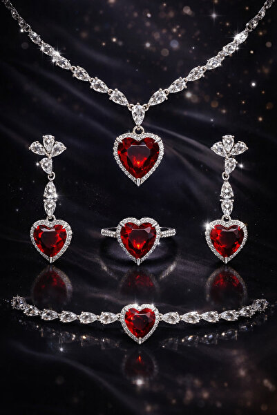 cappadociasilver 925 Ayar Gümüş Lal Taşlı Kalp Işıltılı Set – Scarlet Majesty...