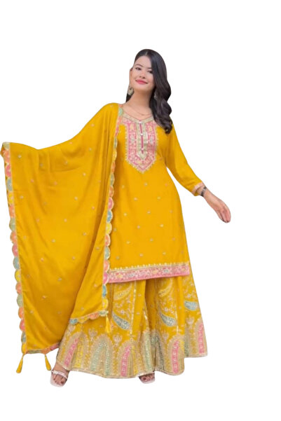 MYSMAR Yellow Chinon Silk Top Palazzo & Dupatta - NJF6473 | Yellow