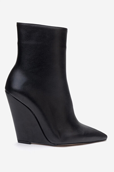 Ayakkabı Ateşi Black Leather Pointed Toe Wedge Heeled Women's Boots Polly