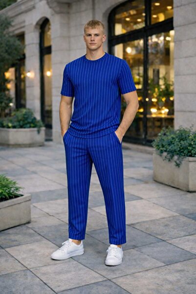 BRLKN Men's Stripe Detailed Crew Neck Crepe T-Shirt Tracksuit Set