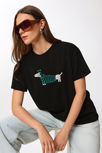 Lovelyİstanbul Armal Vezena Pamuk lu Pleteno T-shirt LCR0115 CRNI