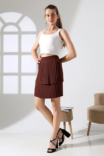 LOS VİLLİAN Elastic Waist Knee Length Two Layer Basic Knitwear Pleated Skirt