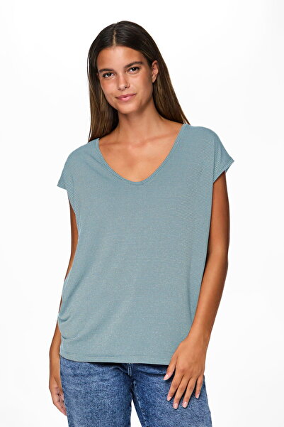 PIECES Γυναικείο μπλουζάκι Lurex με ρίγες και λαιμόκοψη ποδηλάτου, σε χαλαρή ...