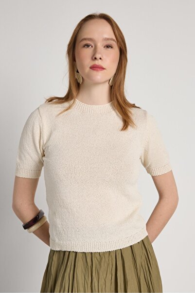 minaaise Short Sleeve Ecru Color Summer Women's Knitwear 31078