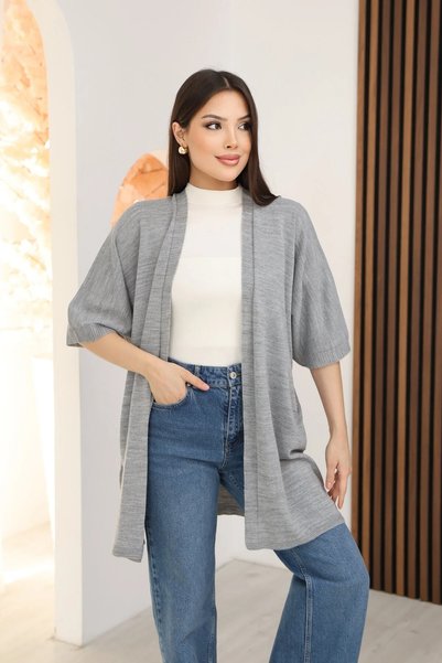LOS VİLLİAN U Shawl Collar Short Sleeve Simple Basic Midi Length Seasonal Knitwear Cardigan