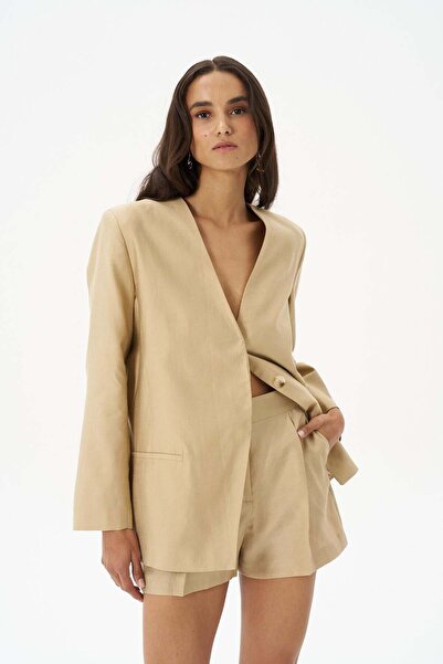 Beauty Omelette Bej Keten Sırt Dekolteli Ceket