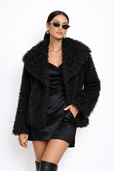 FUREVER FASHION Women's Black Plush Fur Jacket – Oversized Curly Textured Lux...