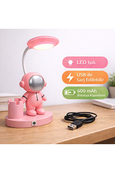 Toyska Astronot Figürlü LED Masa Lambası - USB Şarjlı --Pembe