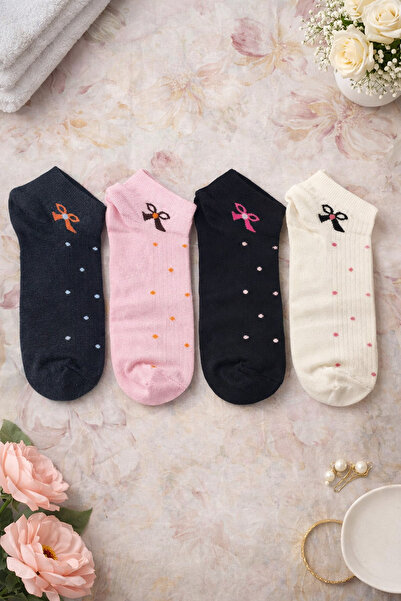 çorapmanya 5 Çift Kelebek Kurdeleli Desenli Kadın Çok Renkli Yarım Konç Çorap