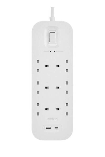 Belkin وصلة كهربائية بستة منافذ، سلك بطول مترين، 18 واط، منافذ USB-A و USB-C