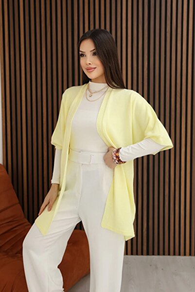 LOS VİLLİAN U Şal Yaka Kısa Kollu Sade Basic Midi Boy Mevsimlik Triko Hırka