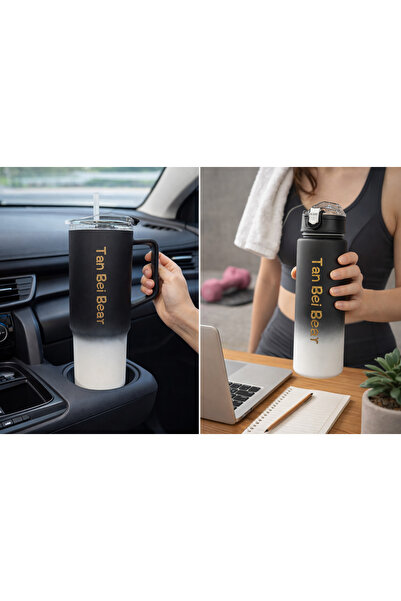 BMHOUSE 2’li Spor Matara Seti Büyük Boy Termos Kupa Araç İçi Bardaklık Uyumlu...