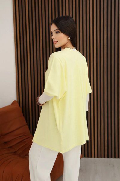 LOS VİLLİAN U Shawl Collar Short Sleeve Simple Basic Midi Length Seasonal Knitwear Cardigan