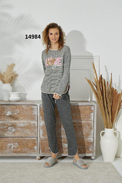 Sevim طقم بيجامة نسائي رمادي مخطط