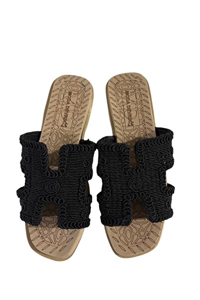 Moda Devrin Pantofi de damă din paie neagră, cu deschidere frontală și latera...