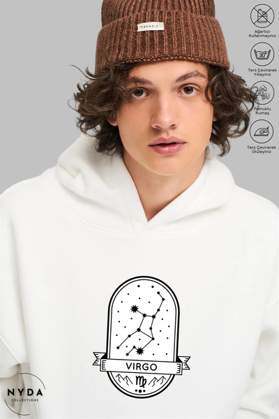 Nyda Collections هوديي للجنسين بأكمام طويلة Virgo Başak مطبوع بغطاء رأس مبطن ...