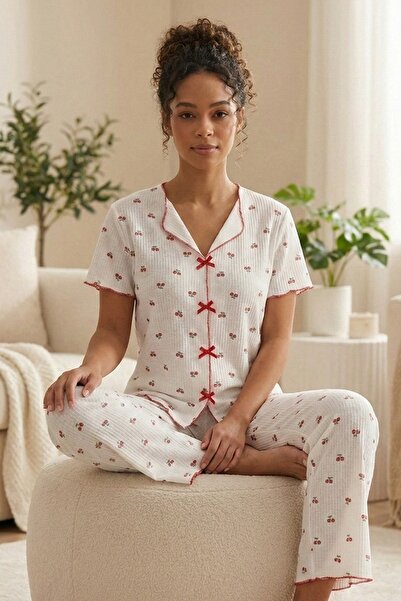 Niket Life Set pijamale pentru femei Cherry cu model cu vipușcă cu decolteu î...