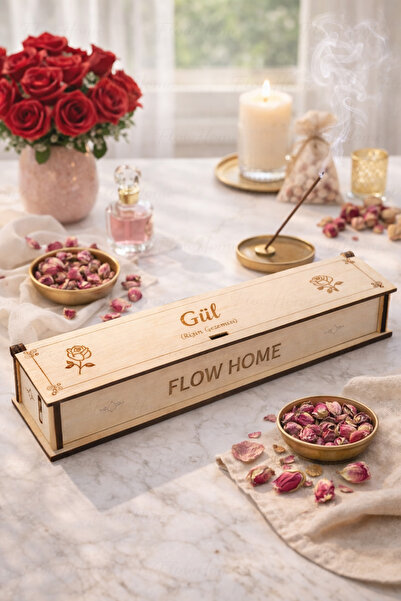 Flow Home Doğal Gül Tütsü ,40 Adet Ahşap Kutulu Çubuk Tütsü, 60 Dakika Uzun Y...