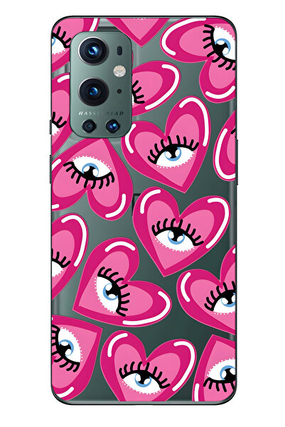 FLAMENKO حافظة هاتف شفافة متوافقة مع One Plus 9 Pro باللون الوردي Heart Eye م...