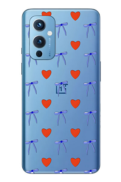 FLAMENKO حافظة هاتف شفافة متوافقة مع One Plus 9 من Heart and Ribbon منقوش