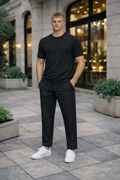 BRLKN Men's Stripe Detailed Crew Neck Crepe T-Shirt Tracksuit Set