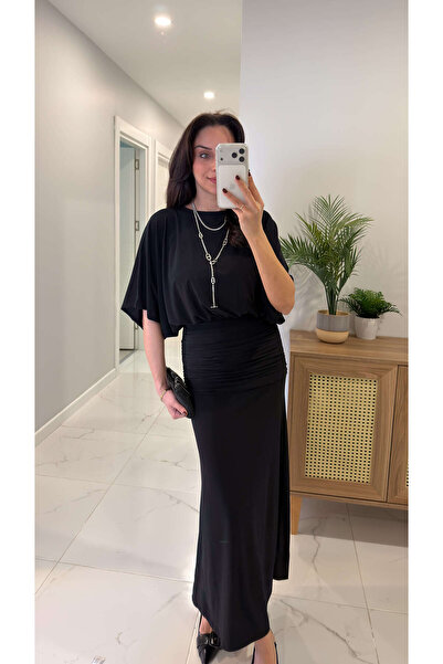 BİRCANÇİL Finra Black Draped Bat Sleeve Dress